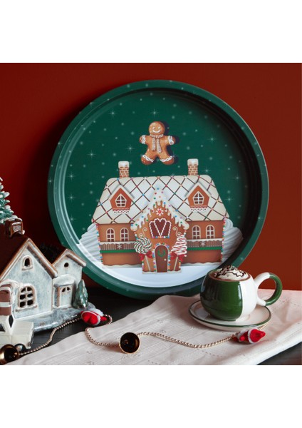 Home Yılbaşı Desenli Dekoratif Metal Tepsi - Bread House