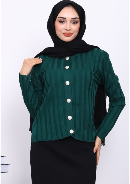 Zümrüt Yeşili Soğuk İplik Düğmeli Hırka