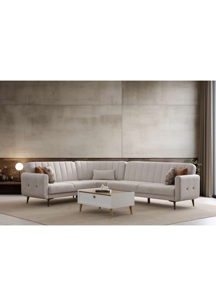 Bona 3 + C Köşe+2 Köşe Takımı Bej Valebo-03 Ceviz Ayak