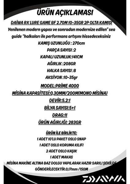Rx Lure Bf 270CM 10-35GR Oslo Prime 4000 8 Örgü Spin Olta Seti fiyatları