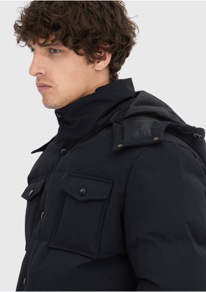 Siyah Regular Fit Kapüşonlu Casual Dokuma Mont fırsatları