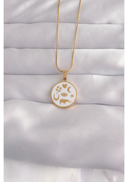 316L Çelik Gold Renk Beyaz Mineli Karışık Figürlü Tarot Kolye fiyatları