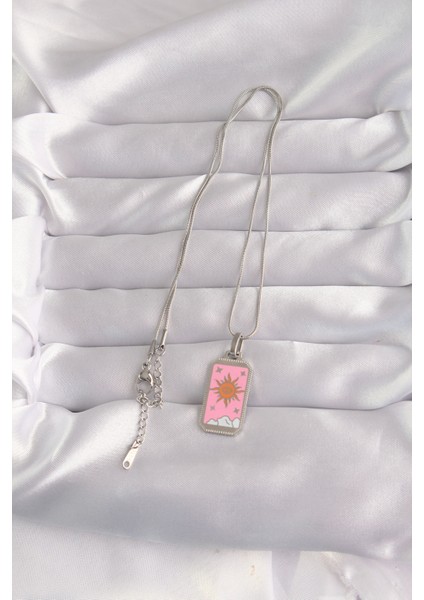316L Çelik Gümüş Renk Pembe Mineli Güneş Model Tarot Kolye