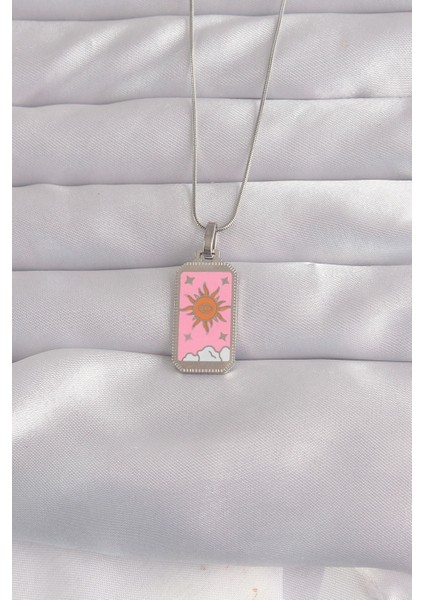 316L Çelik Gümüş Renk Pembe Mineli Güneş Model Tarot Kolye fiyatları