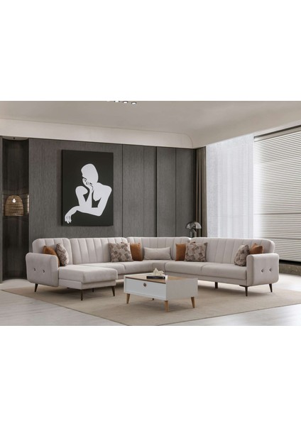 Bona Dinlenme+3+C Köşe+2 Köşe Takımı Bej Valebo-03 Ceviz Ayak