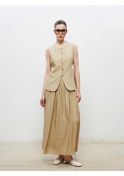 Beli Lastikli Keten Görünümlü Pileli Etek