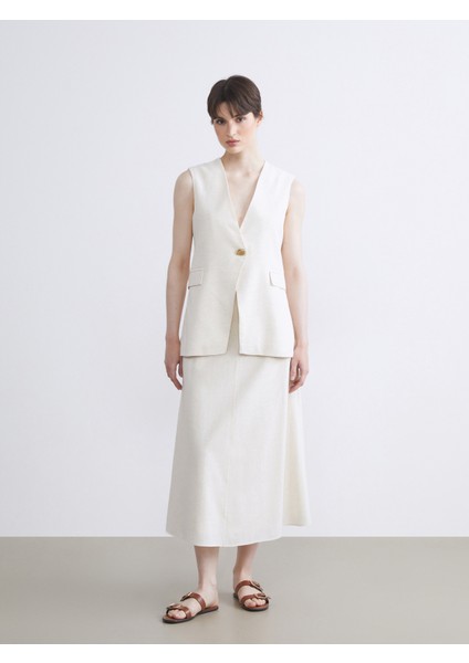 Beli Kemerli A Kesim Keten Karışımlı Etek