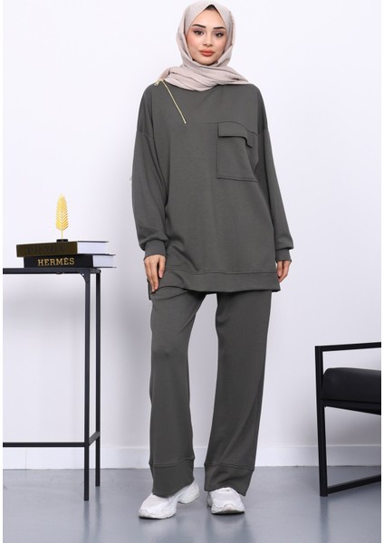 Haki Tek Cepli Tunik Pantolonlu Modal Takım