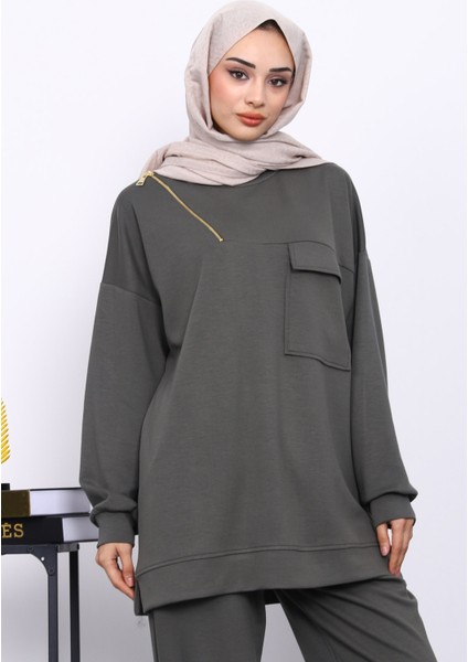 Haki Tek Cepli Tunik Pantolonlu Modal Takım modelleri