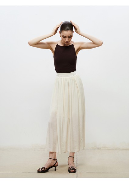Beli Lastikli Keten Görünümlü Pileli Etek