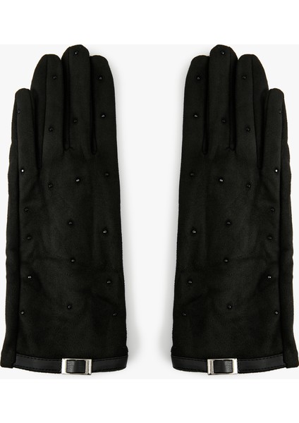 Kemer Detaylı Taşlı Süet Görünümlü Eldiven