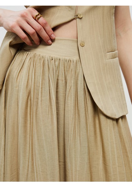 Beli Lastikli Keten Görünümlü Pileli Etek modelleri