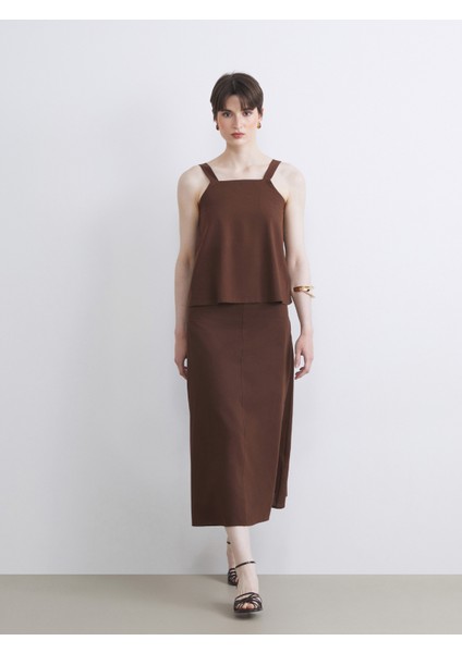 Beli Kemerli A Kesim Keten Karışımlı Etek