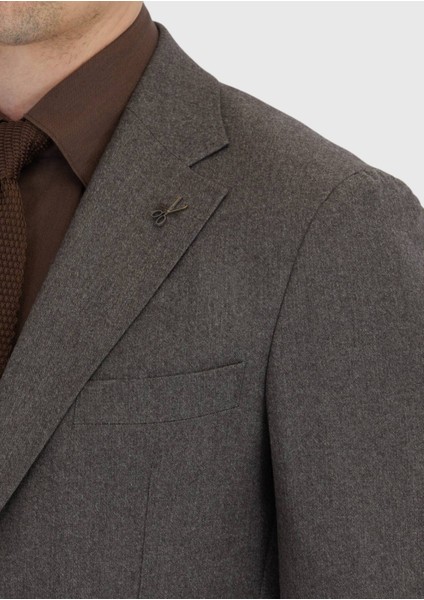 Açık Kahve Desenli Zeroweight Slim Fit %100 Yün Takım Elbise fırsatları