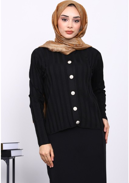 Siyah Soğuk İplik Düğmeli Hırka