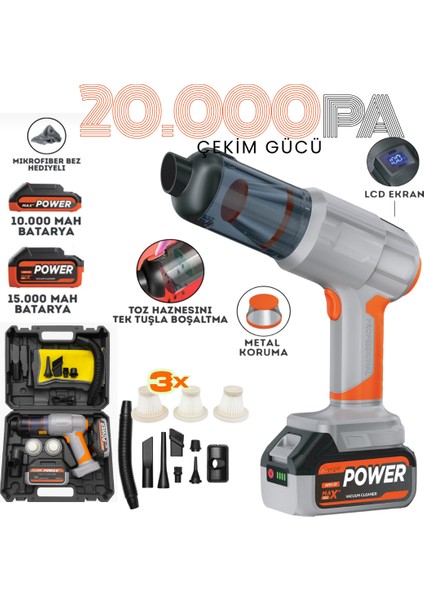 25,000 Mah Güçlü 20.000PA Ultra Güçlü Emiş Yedek Batarya+Yedek 2 Filtre Bez Hediye Araç Içi Süpürge