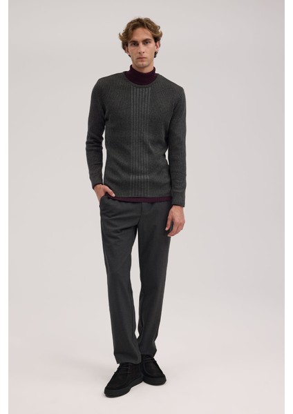 Antrasit Slim Fit Bisiklet Yaka Desenli Erkek Triko