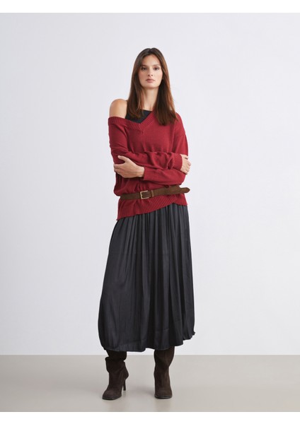 Beli Lastikli Saten Pileli Etek