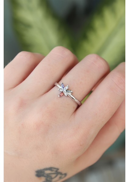 Pirinç Gümüş Renk Ayarlanabilir Renkli Zirkon Taşlı Yusufçuk Yüzük fiyatları