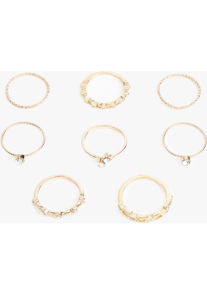 Çelik Karışımlı Taş Detaylı 8'li Yüzük Seti