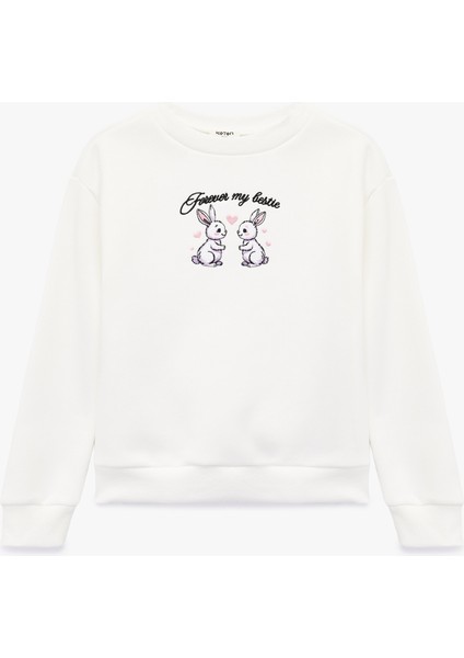 Tavşan Baskılı Uzun Kollu Bisiklet Yaka Sweatshirt