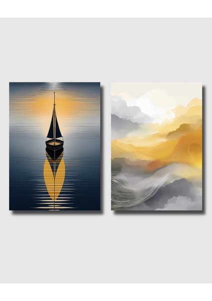 Çerçevesiz Poster 2'li Set, Soyut Gün Batımı ve Yelkenli Tekne Temalı Modern Dekorasyon Poster