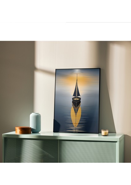 Çerçevesiz Poster 2'li Set, Soyut Gün Batımı ve Yelkenli Tekne Temalı Modern Dekorasyon Poster