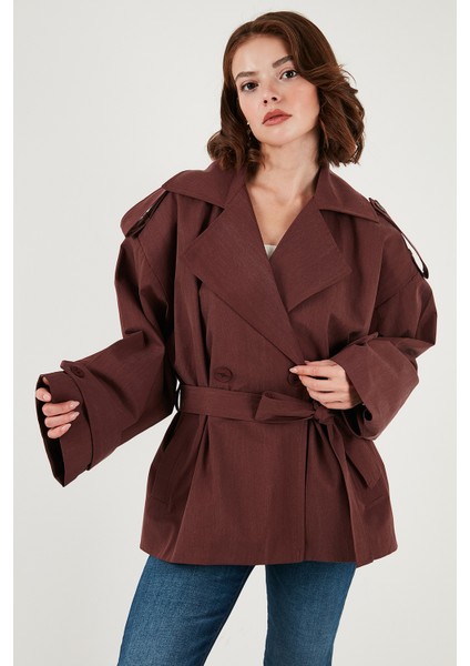 Oversize Fit Kruvaze Yaka Kuşaklı Düğmeli Trençkot Bayan Trençkot 6839609 fiyatları