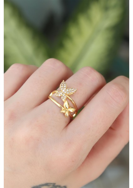 Pirinç Gold Renk Ayarlanabilir Zirkon Taşlı Kelebek Yüzük fiyatları