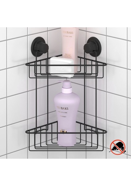 Vakumlu Banyo Köşe Rafı 2 Katlı Siyah S257