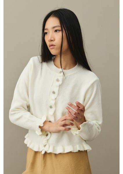 Ince Fırfırlı Tiftik Hırka Ekru indirimleri