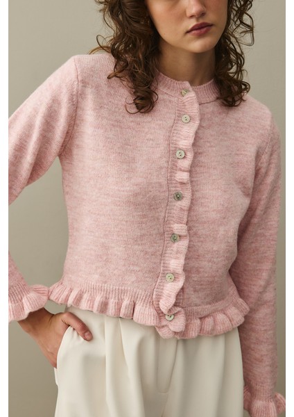 Ince Fırfırlı Tiftik Hırka Pembe indirimleri