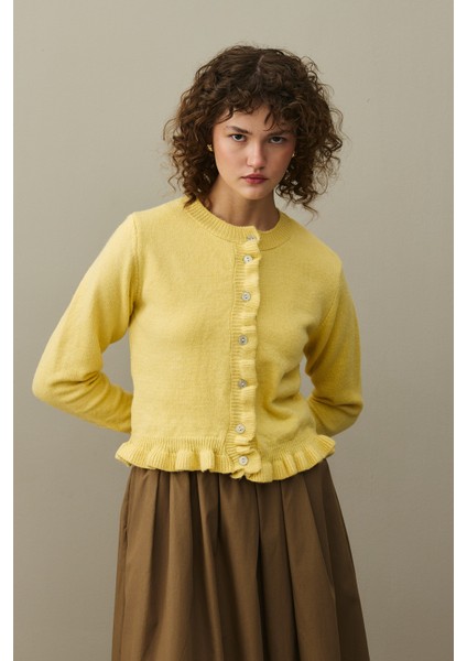 Ince Fırfırlı Tiftik Hırka Sarı modelleri