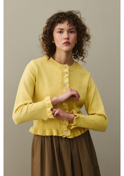 Ince Fırfırlı Tiftik Hırka Sarı indirimleri