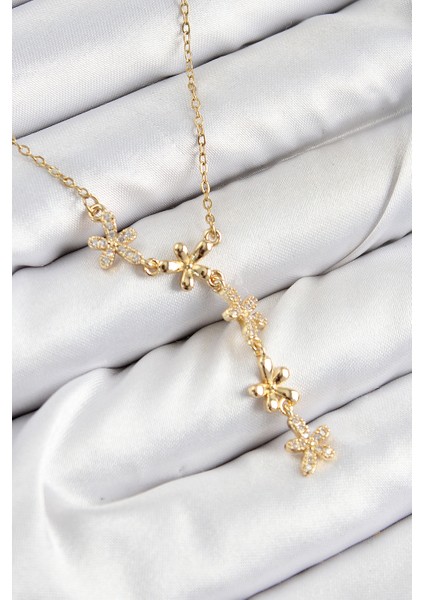 316L Çelik Zirkon Taşlı Çiçek Model Gold Renk Kadın Kolye