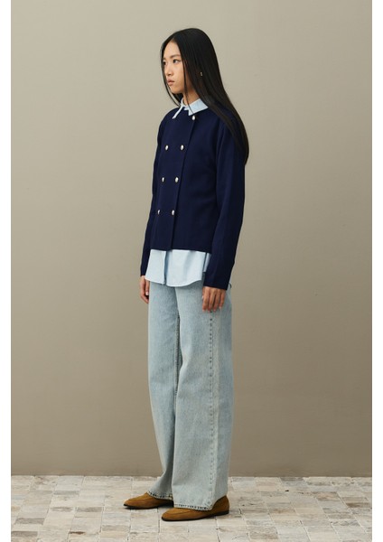 Çift Düğme Crop Hırka Lacivert