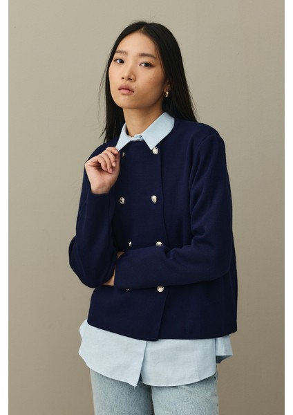 Çift Düğme Crop Hırka Lacivert indirimleri