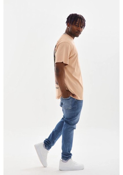 Unisex Baskılı Oversize T-Shirt - Bej -Vlmr modelleri