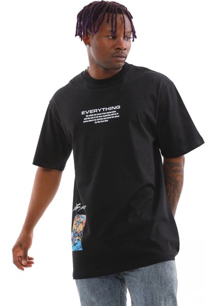 Unisex Bisiklet Yaka Baskılı Oversize T-Shirt - Siyah -Vlmr fiyatları