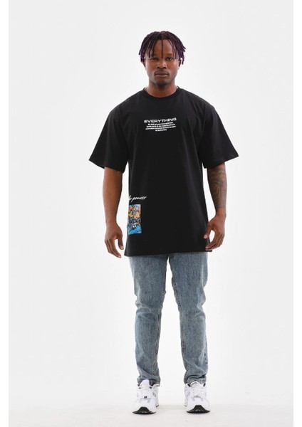 Unisex Bisiklet Yaka Baskılı Oversize T-Shirt - Siyah -Vlmr fırsatları
