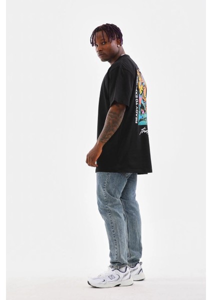 Unisex Bisiklet Yaka Baskılı Oversize T-Shirt - Siyah -Vlmr indirimleri