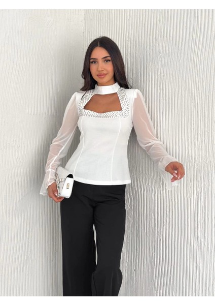 Penye Uzun Kollu Kadın Kolları Şifon Göğüste Inci Boncuk Detaylı Bluz - Beyaz -Vlmr indirimleri