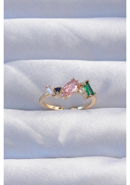 Pirinç Gold Renk Renkli Zirkon Taşlı Ayarlanabilir Yüzük fiyatları