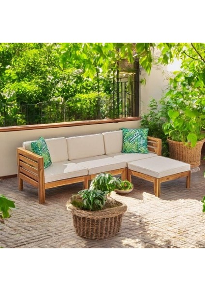 Prime Masif Kayın Ahşap Bahçe Balkon Sehpasız Köşe Takımı Meşe