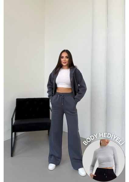 Kadın Çift Fermuar Detaylı Kapüşonlu Kışlık Şardonlu Oversize Eşofman Takımı