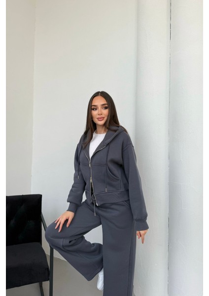 Kadın Çift Fermuar Detaylı Kapüşonlu Kışlık Şardonlu Oversize Eşofman Takımı modelleri