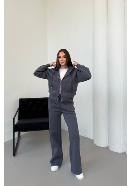 Kadın Çift Fermuar Detaylı Kapüşonlu Kışlık Şardonlu Oversize Eşofman Takımı fırsatları