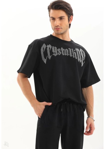 Unisex Oversize Taşlı T-Shirt - Siyah -Vlmr