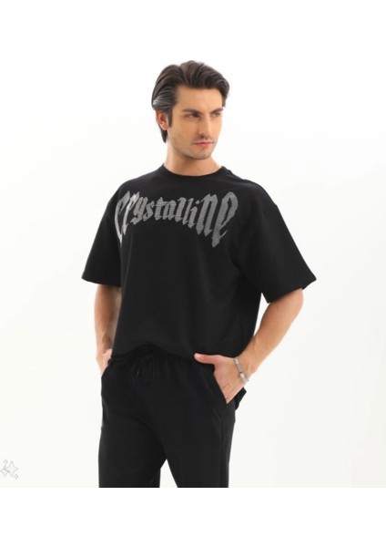 Unisex Oversize Taşlı T-Shirt - Siyah -Vlmr modelleri