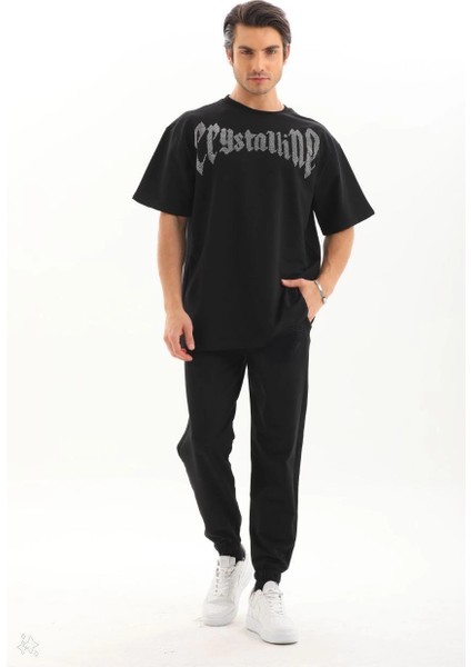 Unisex Oversize Taşlı T-Shirt - Siyah -Vlmr fırsatları